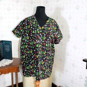Cassandra O SPARKLY Festive Christmas Faith Scrubs Top, Large